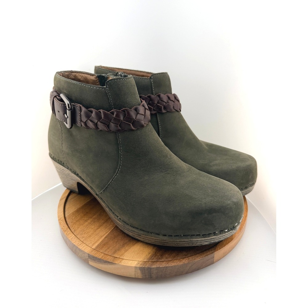 Dansko Michelle Olive Green Nubuck Braided Clog Booties Ankle Boots Size 41